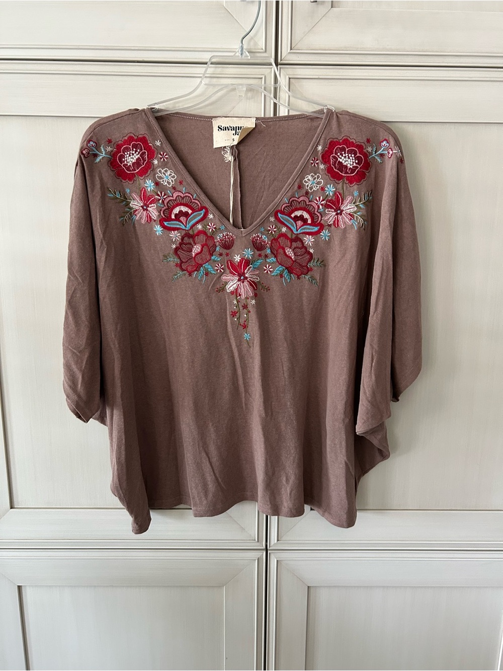 Savanna Jane Mauve Embroidered V-Neck Top with Pink & Teal Accents